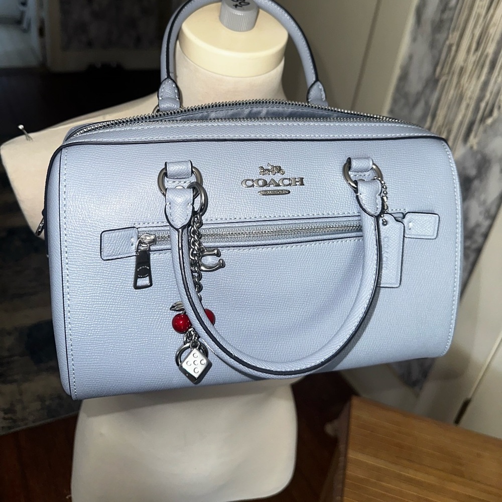 COACH Rowan Gray Twilight Blue Leather Crossbody Purse Bag Silver Hardware 79946